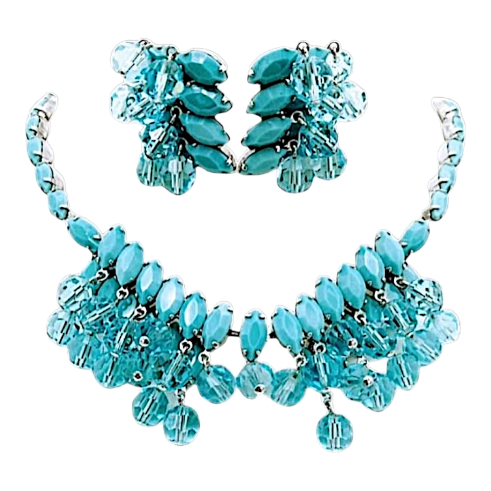 Signed Wiesner Rhinestone and Crystal Necklace and Clip Earrings Set, Aqua Blue!